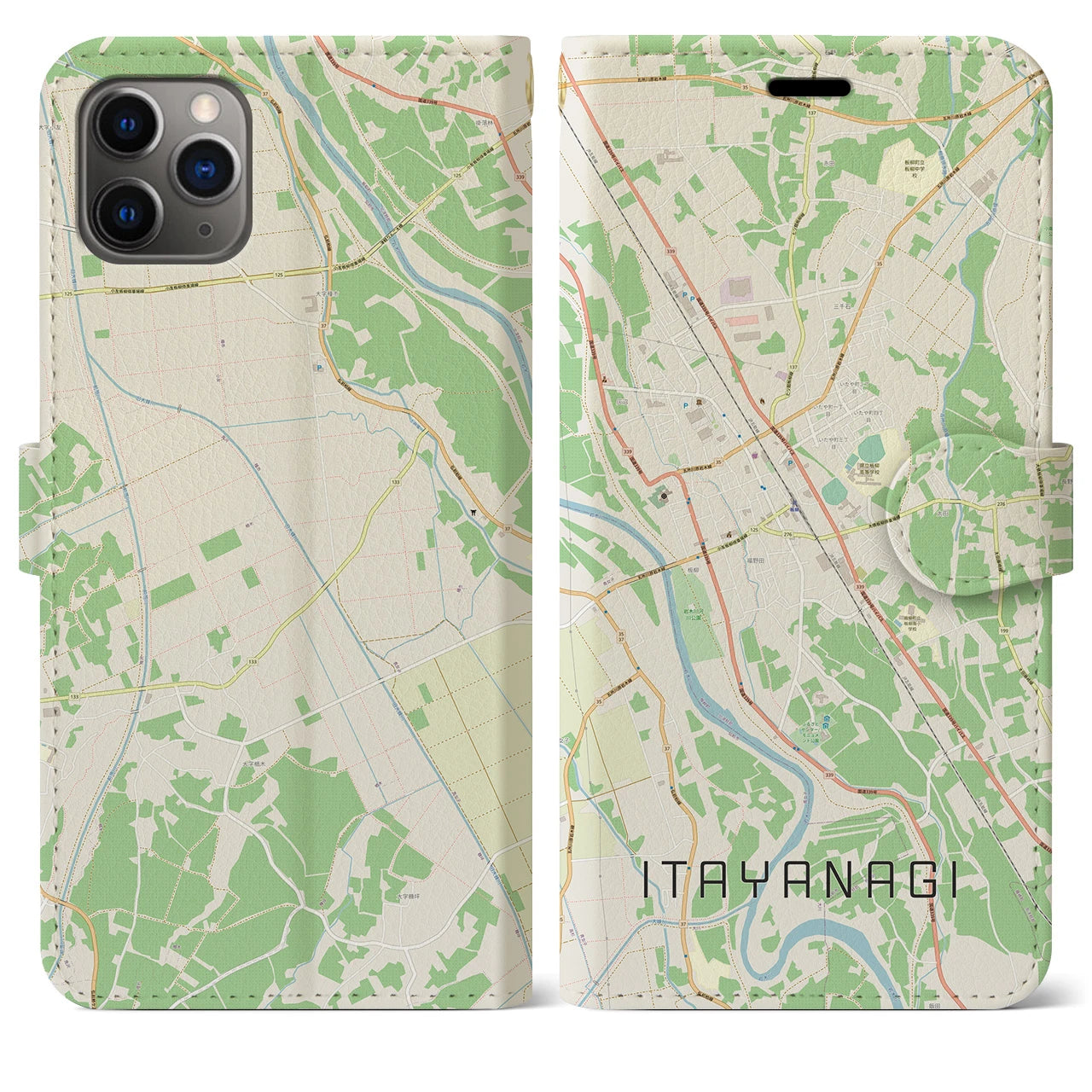 【板柳（青森県）】地図柄iPhoneケース（手帳タイプ）ナチュラル・iPhone 11 Pro Max 用