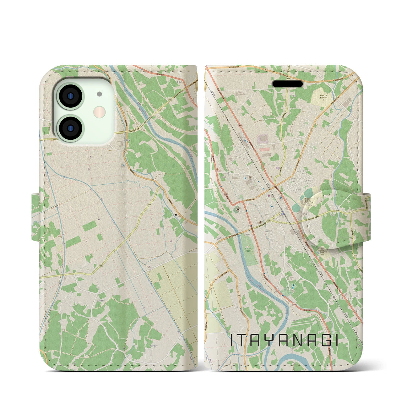 【板柳（青森県）】地図柄iPhoneケース（手帳タイプ）ナチュラル・iPhone 12 mini 用