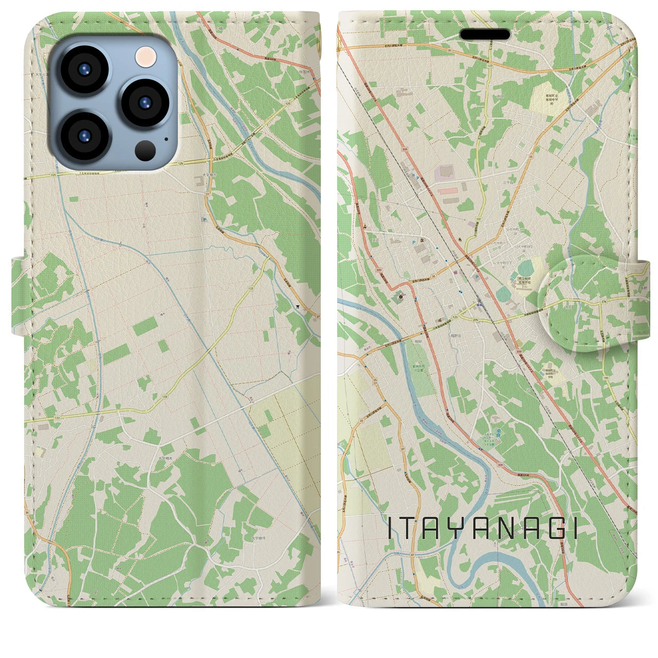 【板柳（青森県）】地図柄iPhoneケース（手帳タイプ）ナチュラル・iPhone 13 Pro Max 用