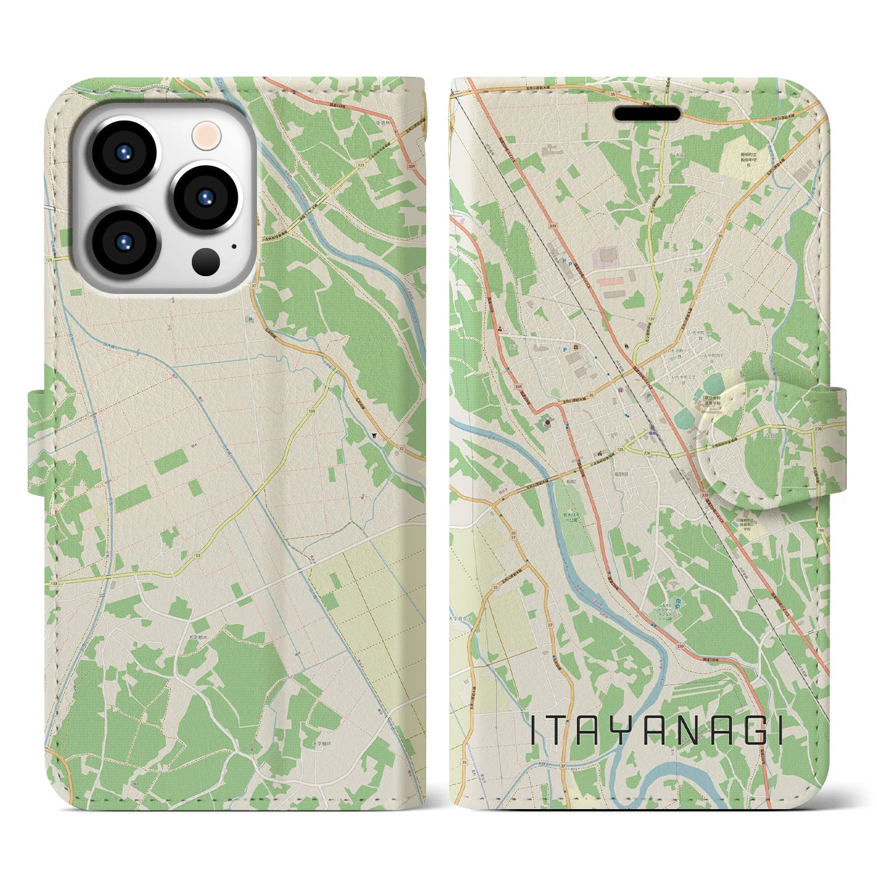 【板柳（青森県）】地図柄iPhoneケース（手帳タイプ）ナチュラル・iPhone 13 Pro 用