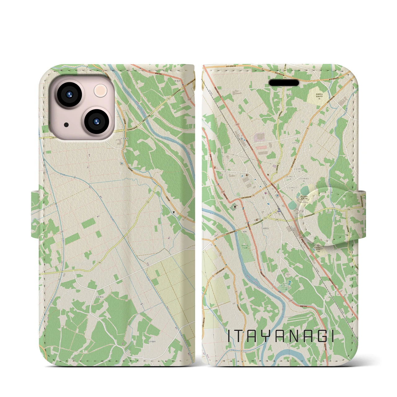 【板柳（青森県）】地図柄iPhoneケース（手帳タイプ）ナチュラル・iPhone 13 mini 用