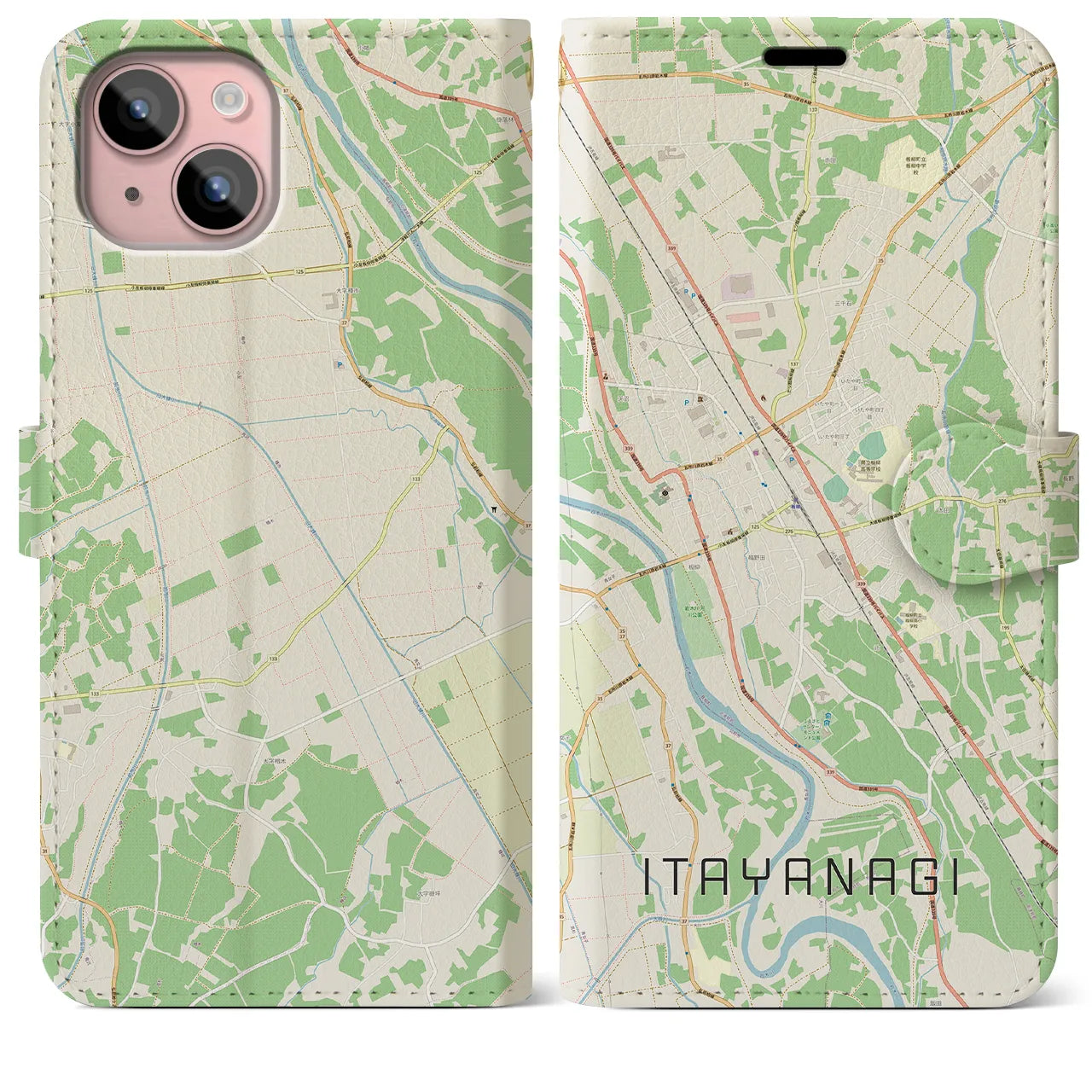 【板柳（青森県）】地図柄iPhoneケース（手帳タイプ）ナチュラル・iPhone 15 Plus 用