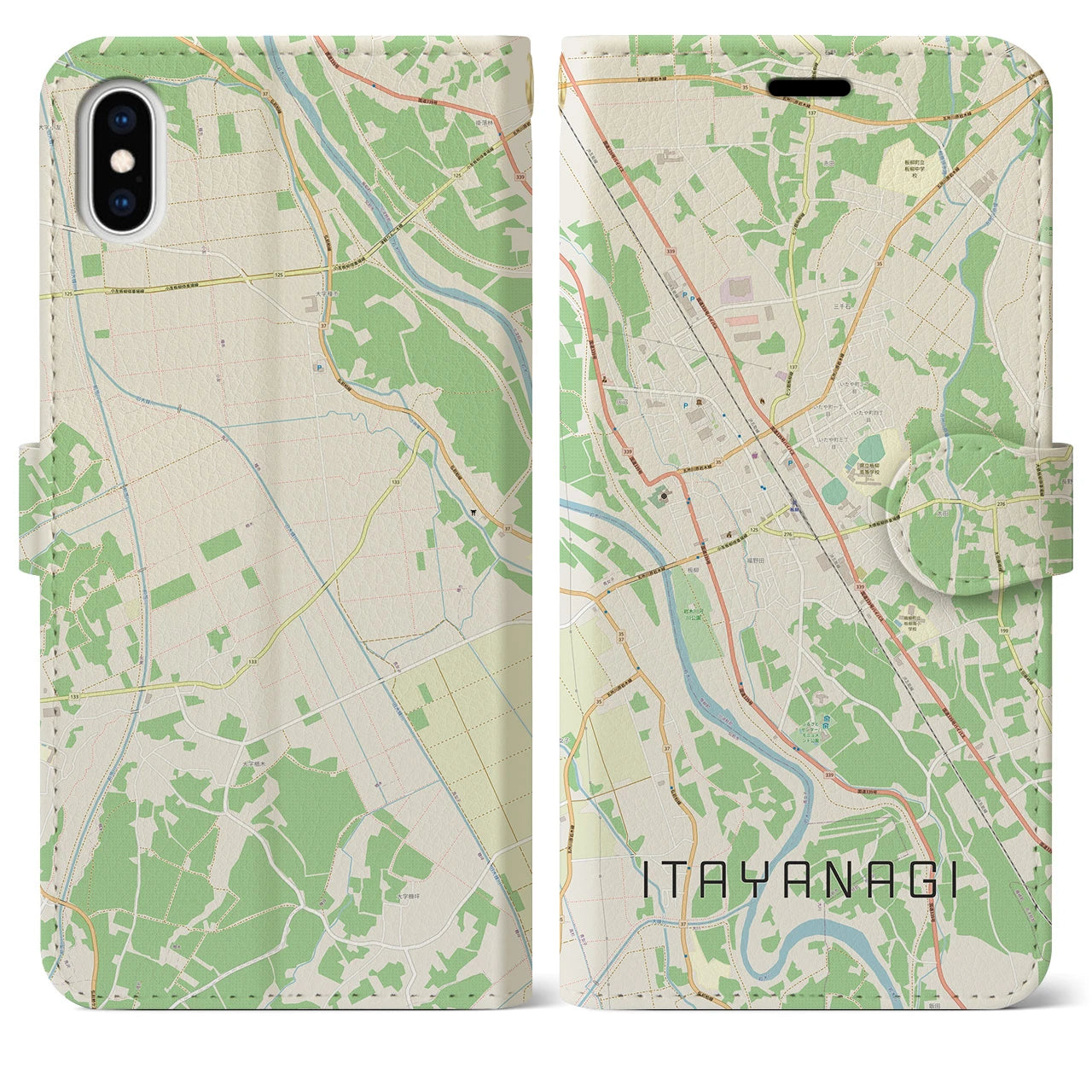 【板柳（青森県）】地図柄iPhoneケース（手帳タイプ）ナチュラル・iPhone XS Max 用