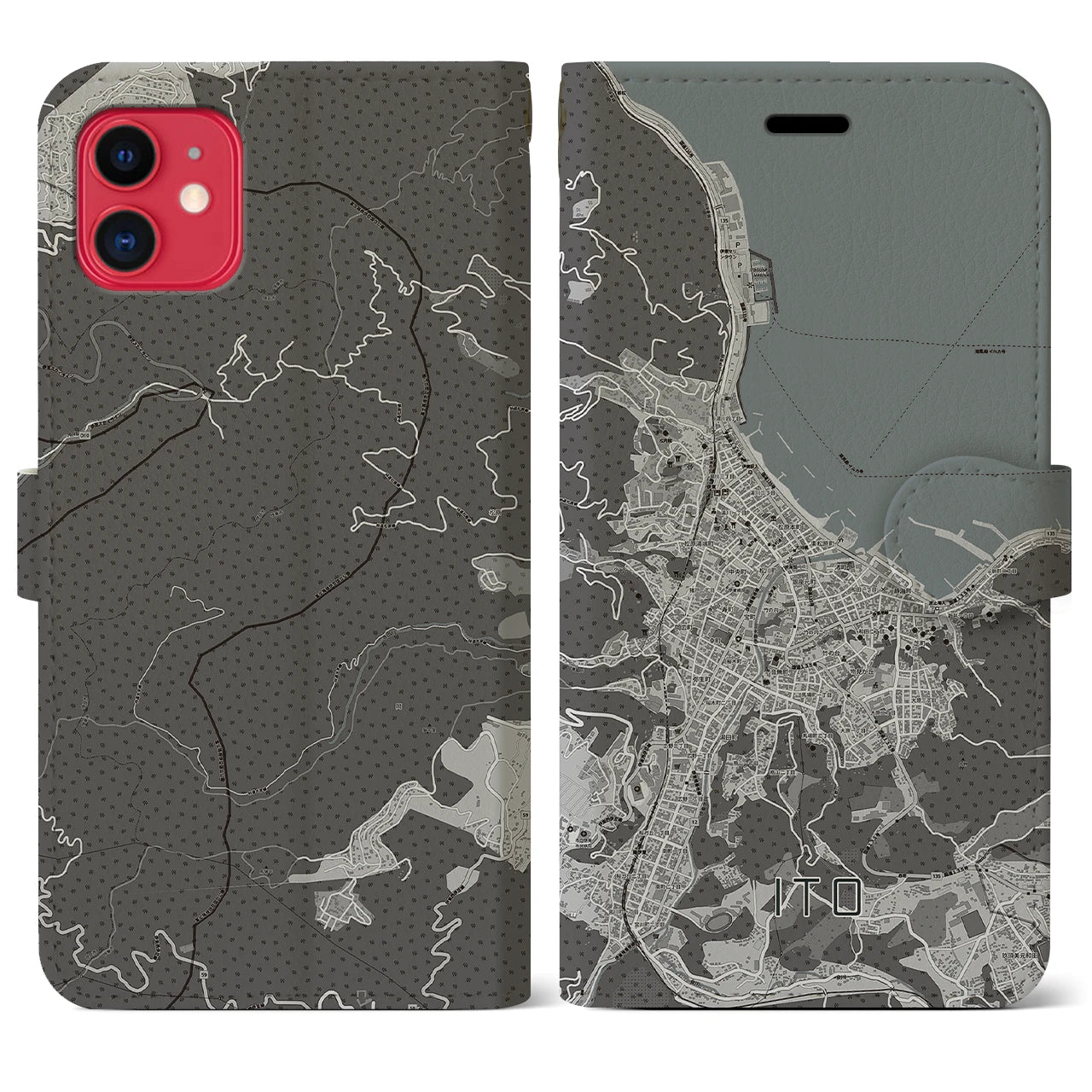 【伊東】地図柄iPhoneケース（手帳両面タイプ・モノトーン）iPhone 11 用