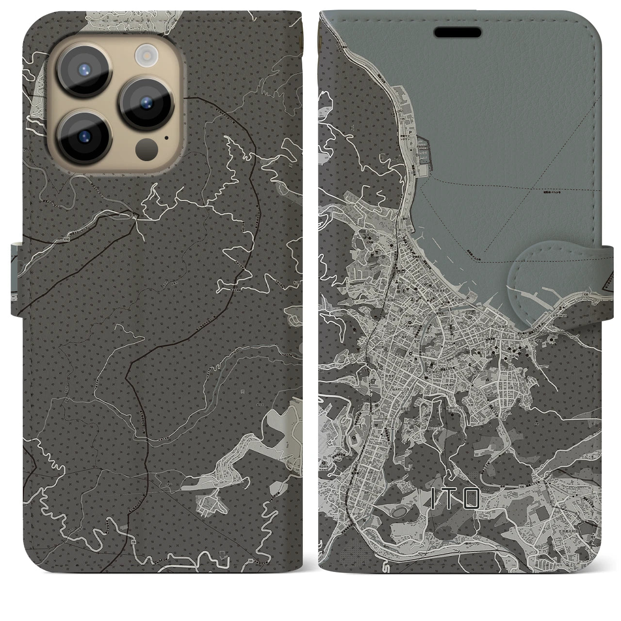 【伊東】地図柄iPhoneケース（手帳両面タイプ・モノトーン）iPhone 14 Pro Max 用