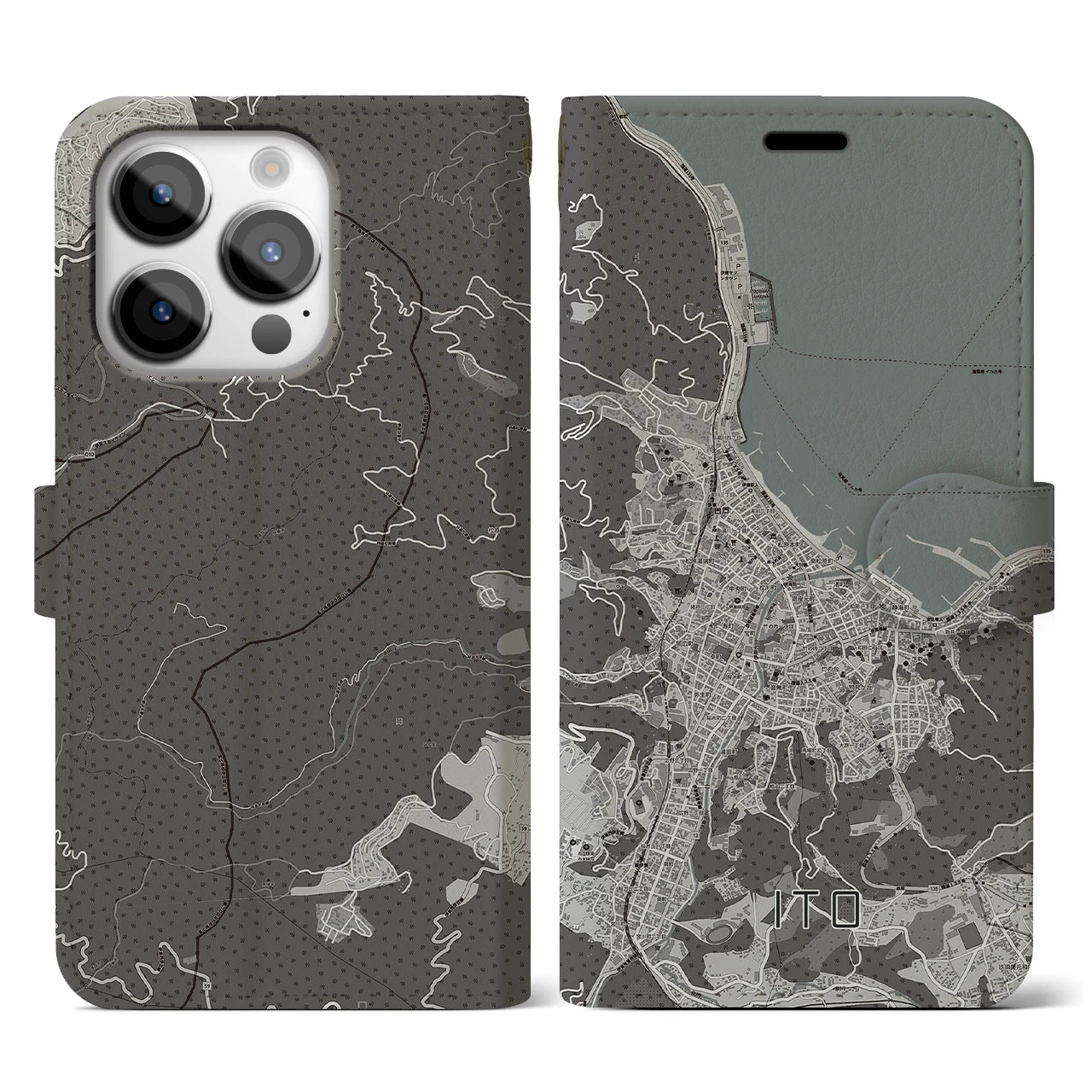 【伊東】地図柄iPhoneケース（手帳両面タイプ・モノトーン）iPhone 14 Pro 用