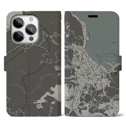 【伊東（静岡県）】地図柄iPhoneケース（手帳タイプ）モノトーン・iPhone 14 Pro 用