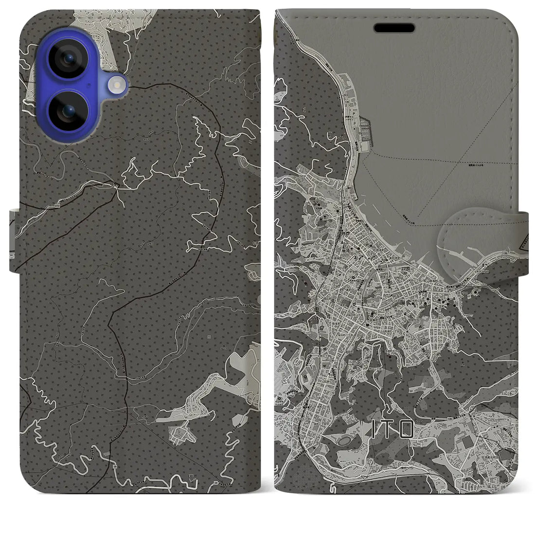 【伊東(静岡県)】地図柄iPhoneケース(手帳タイプ)モノトーン・iPhone 16 Pro Max 用