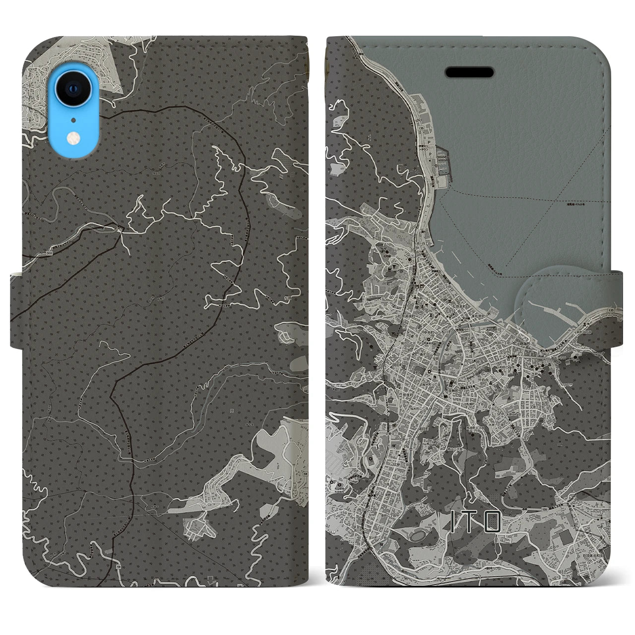 【伊東】地図柄iPhoneケース（手帳両面タイプ・モノトーン）iPhone XR 用