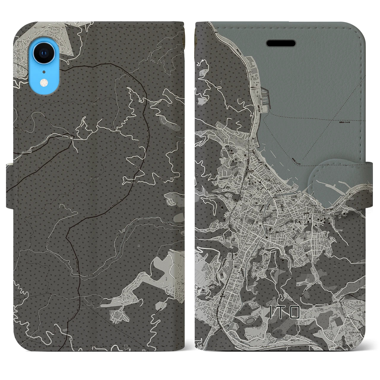 【伊東（静岡県）】地図柄iPhoneケース（手帳タイプ）モノトーン・iPhone XR 用