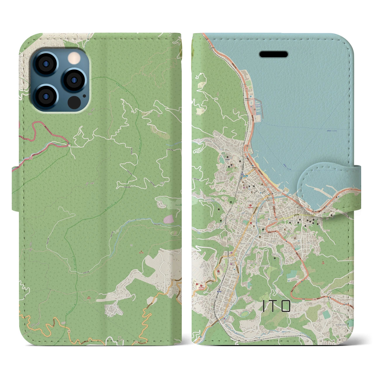 【伊東（静岡県）】地図柄iPhoneケース（手帳タイプ）ナチュラル・iPhone 12 / 12 Pro 用