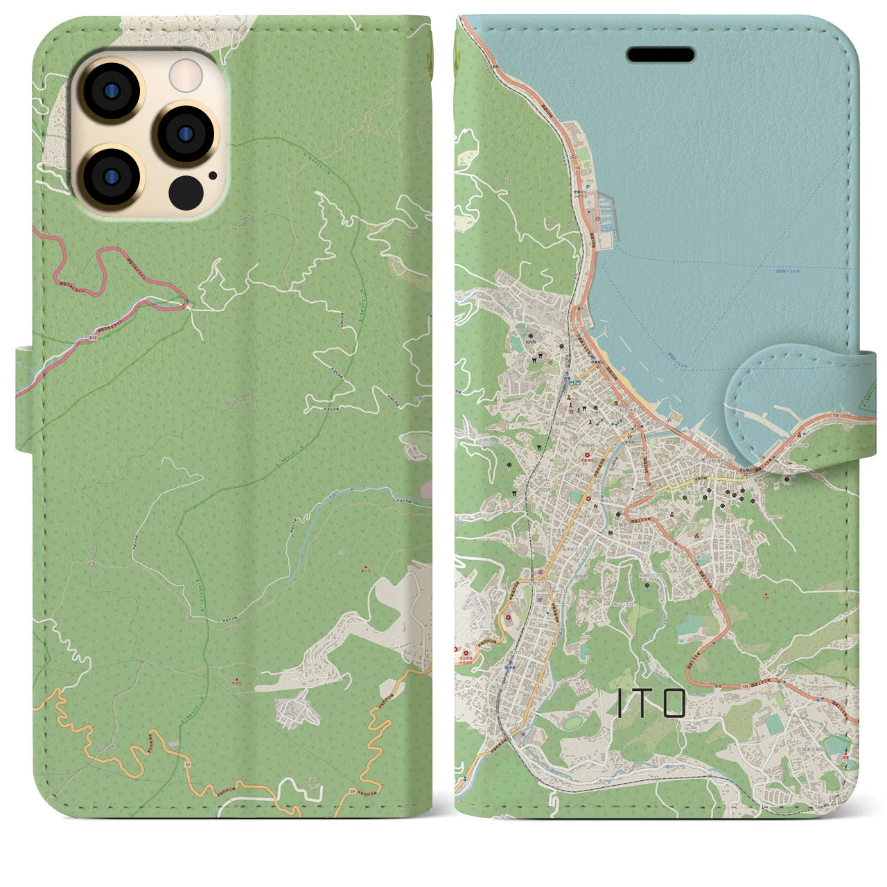 【伊東（静岡県）】地図柄iPhoneケース（手帳タイプ）ナチュラル・iPhone 12 Pro Max 用