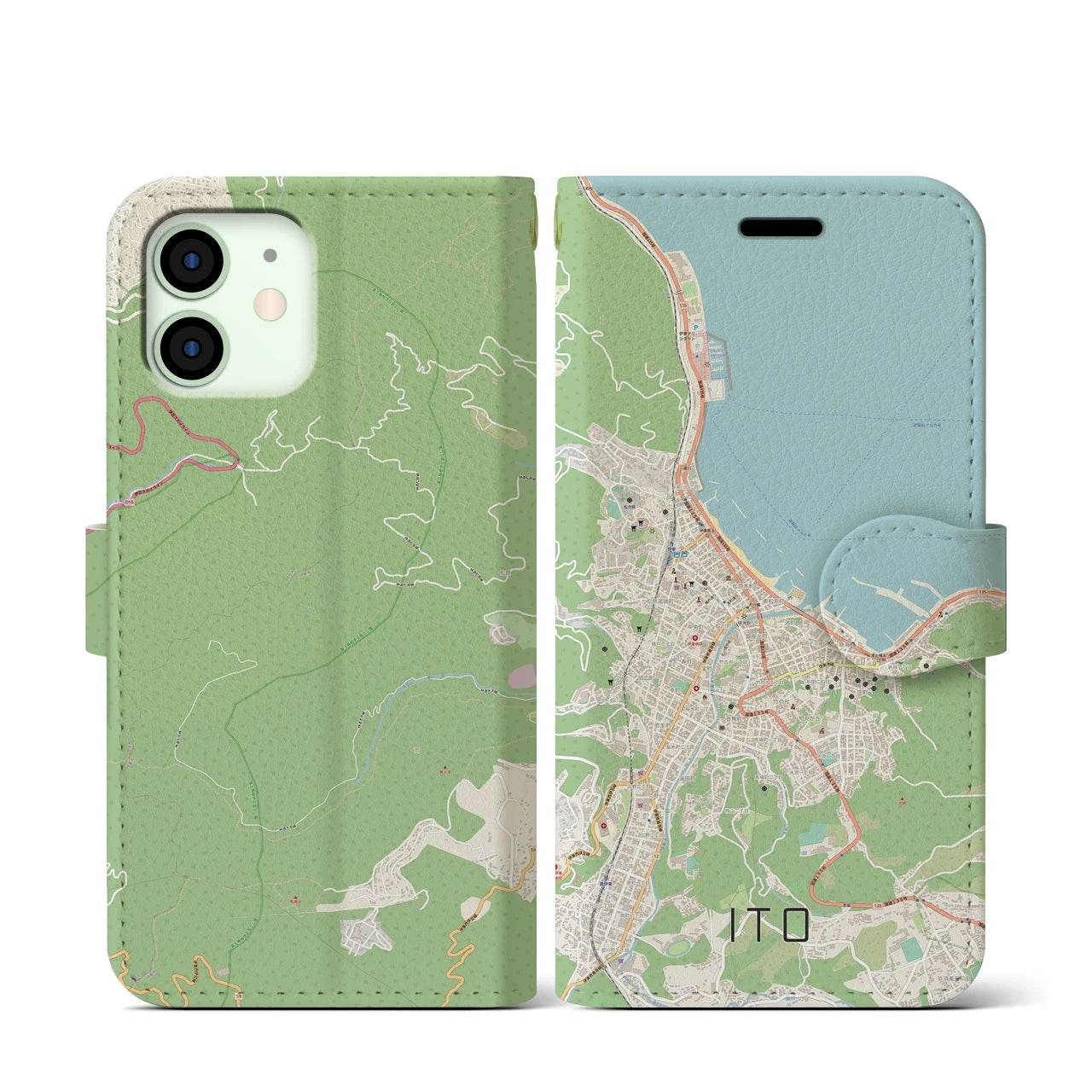 【伊東（静岡県）】地図柄iPhoneケース（手帳タイプ）ナチュラル・iPhone 12 mini 用