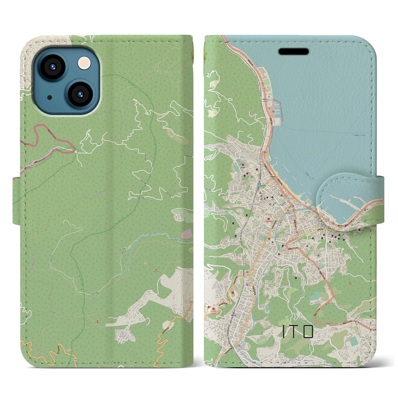 【伊東（静岡県）】地図柄iPhoneケース（手帳タイプ）ナチュラル・iPhone 13 用