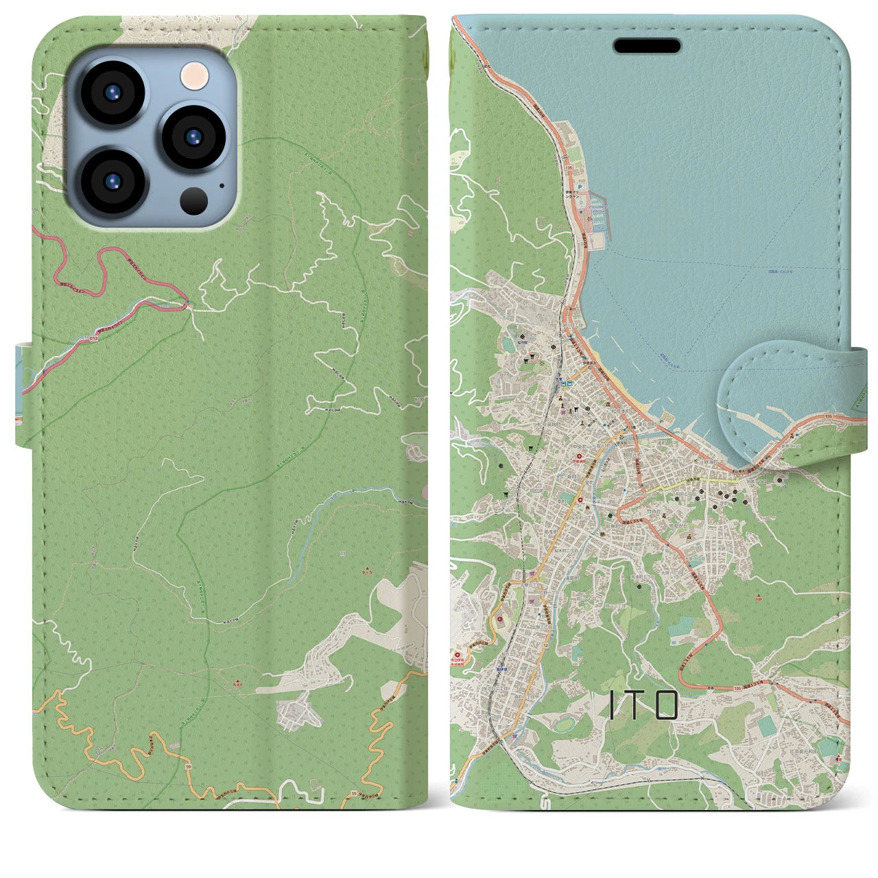 【伊東（静岡県）】地図柄iPhoneケース（手帳タイプ）ナチュラル・iPhone 13 Pro Max 用