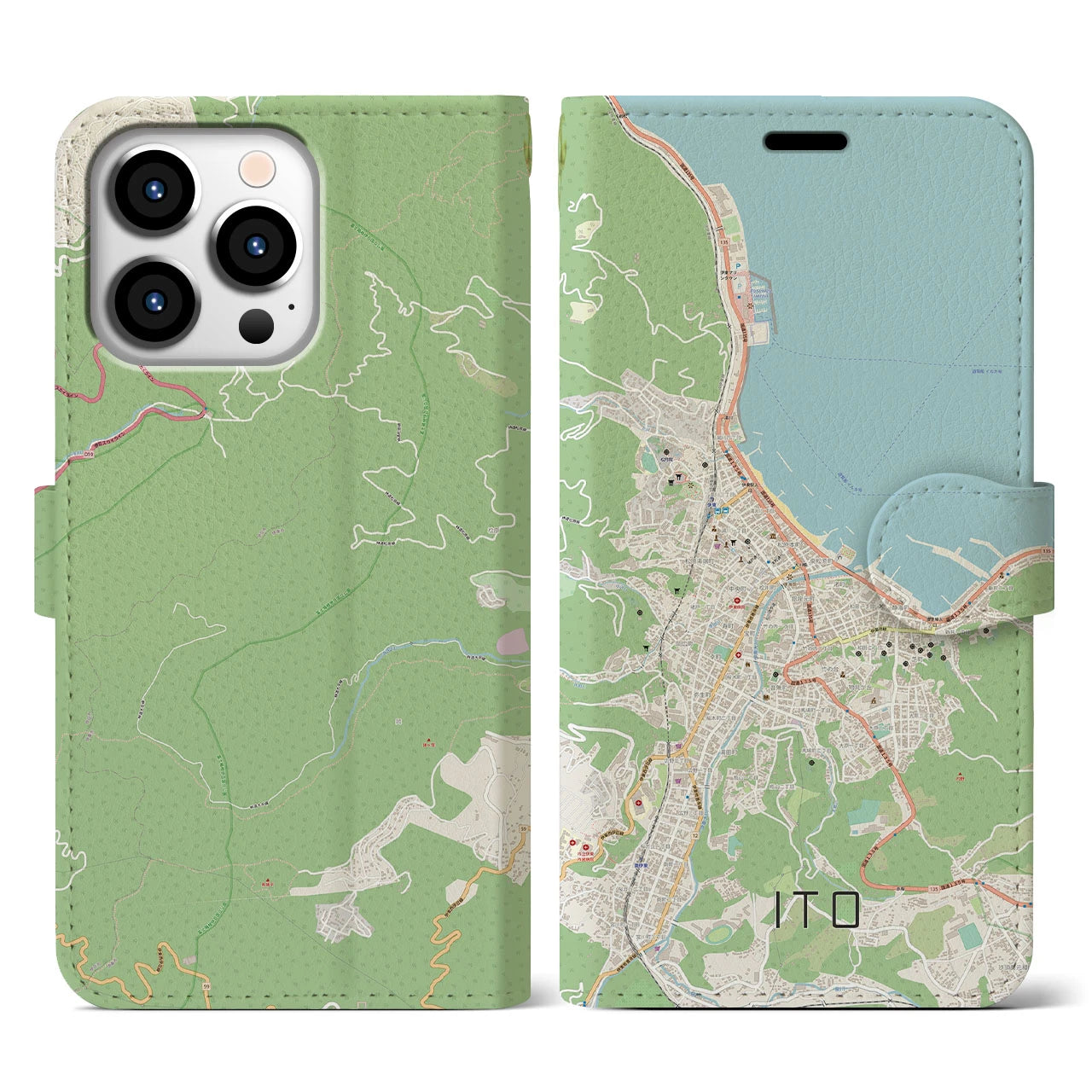 【伊東（静岡県）】地図柄iPhoneケース（手帳タイプ）ナチュラル・iPhone 13 Pro 用