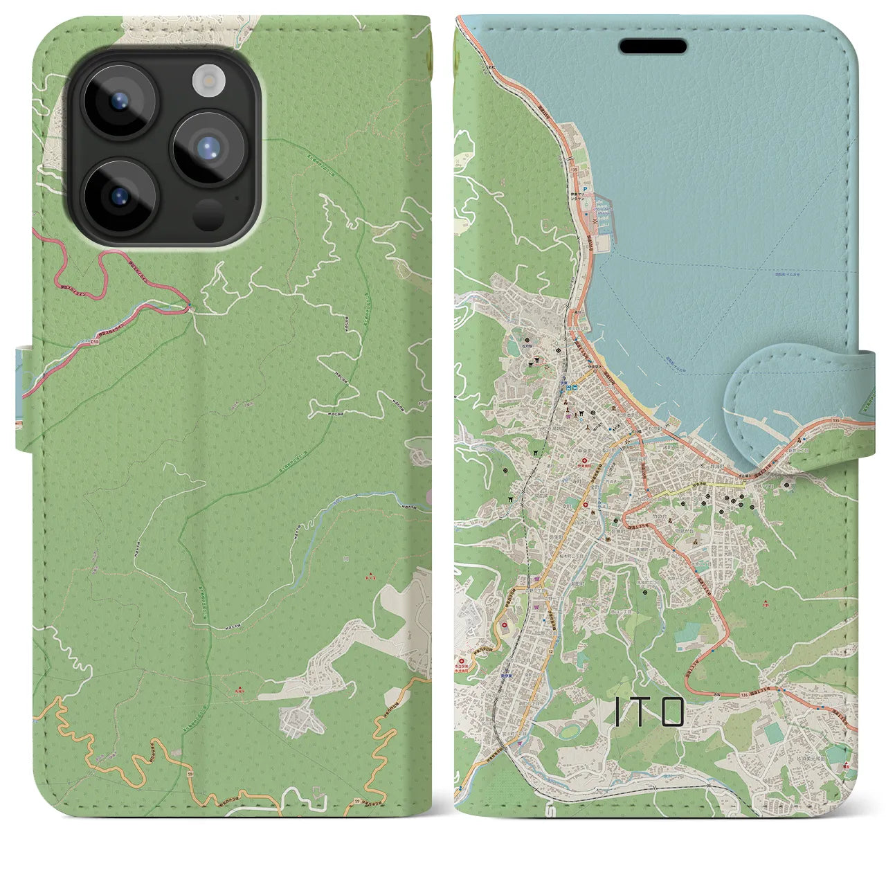 【伊東（静岡県）】地図柄iPhoneケース（手帳タイプ）ナチュラル・iPhone 15 Pro Max 用