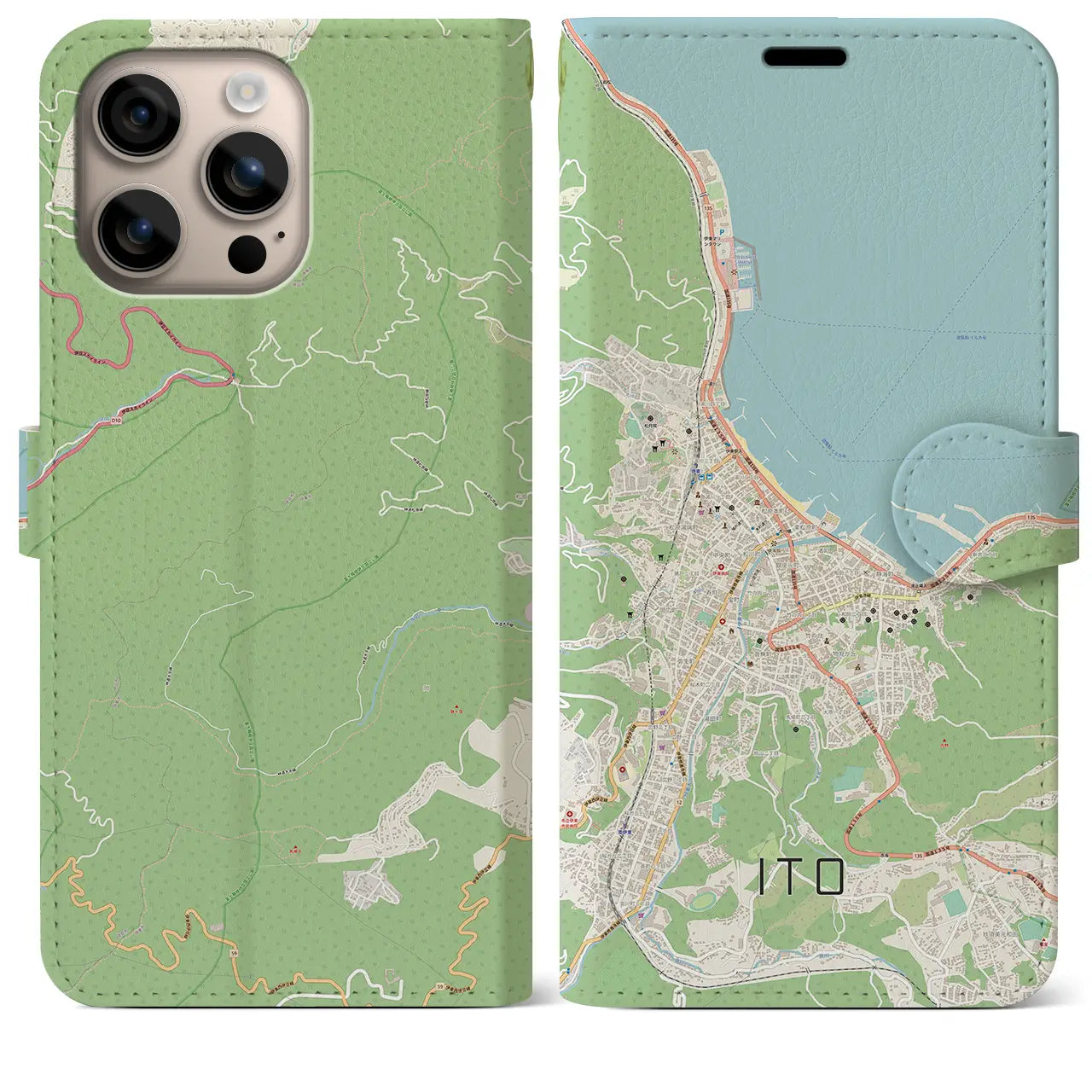 【伊東（静岡県）】地図柄iPhoneケース（手帳タイプ）ナチュラル・iPhone 16 Plus 用