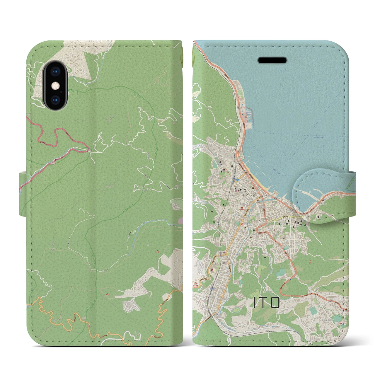 【伊東（静岡県）】地図柄iPhoneケース（手帳タイプ）ナチュラル・iPhone XS / X 用