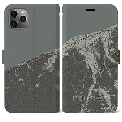 【糸魚川（新潟県）】地図柄iPhoneケース（手帳タイプ）モノトーン・iPhone 11 Pro Max 用