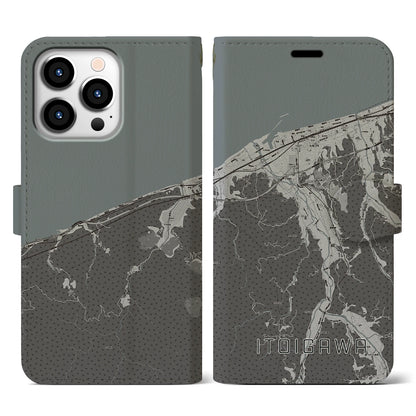 【糸魚川（新潟県）】地図柄iPhoneケース（手帳タイプ）モノトーン・iPhone 13 Pro 用