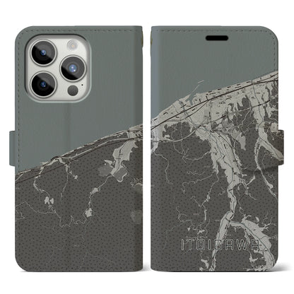 【糸魚川（新潟県）】地図柄iPhoneケース（手帳タイプ）モノトーン・iPhone 15 Pro 用