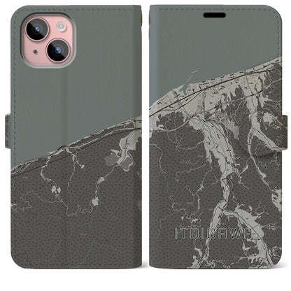 【糸魚川（新潟県）】地図柄iPhoneケース（手帳タイプ）モノトーン・iPhone 15 Plus 用