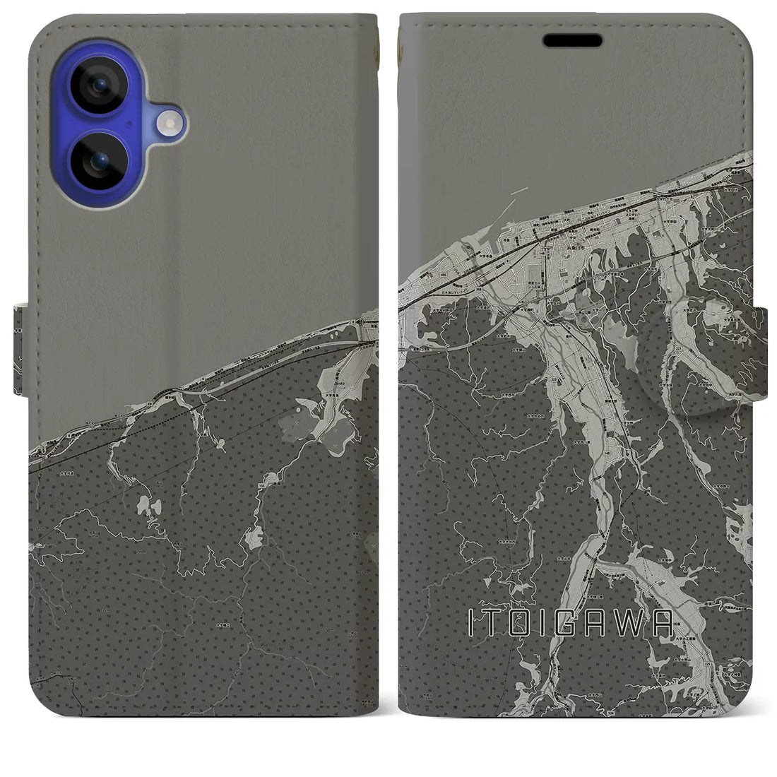 【糸魚川(新潟県)】地図柄iPhoneケース(手帳タイプ)モノトーン・iPhone 16 Pro Max 用
