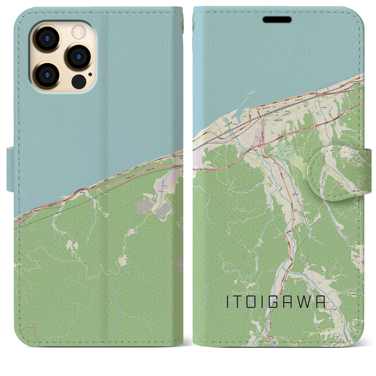 【糸魚川（新潟県）】地図柄iPhoneケース（手帳タイプ）ナチュラル・iPhone 12 Pro Max 用