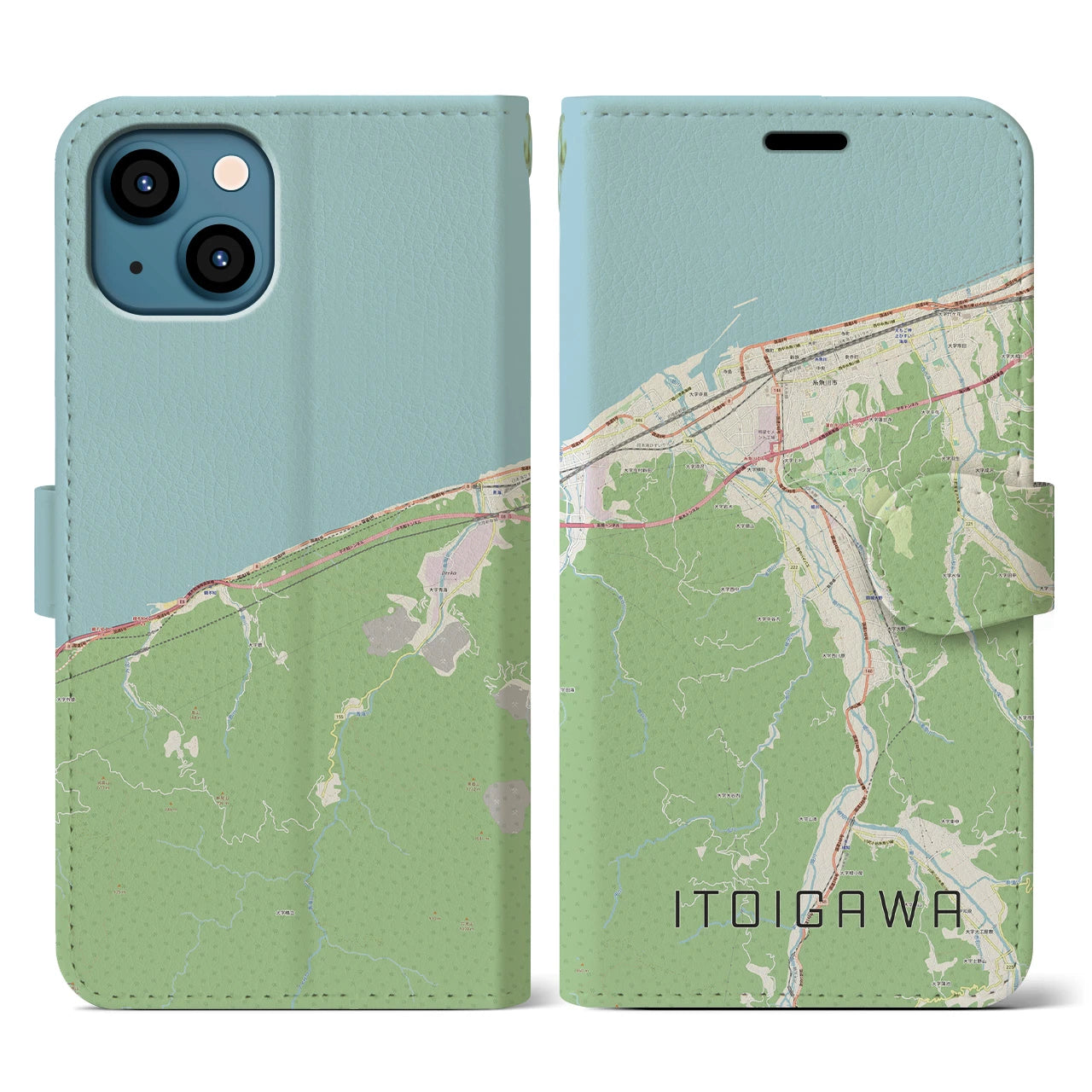 【糸魚川（新潟県）】地図柄iPhoneケース（手帳タイプ）ナチュラル・iPhone 13 用