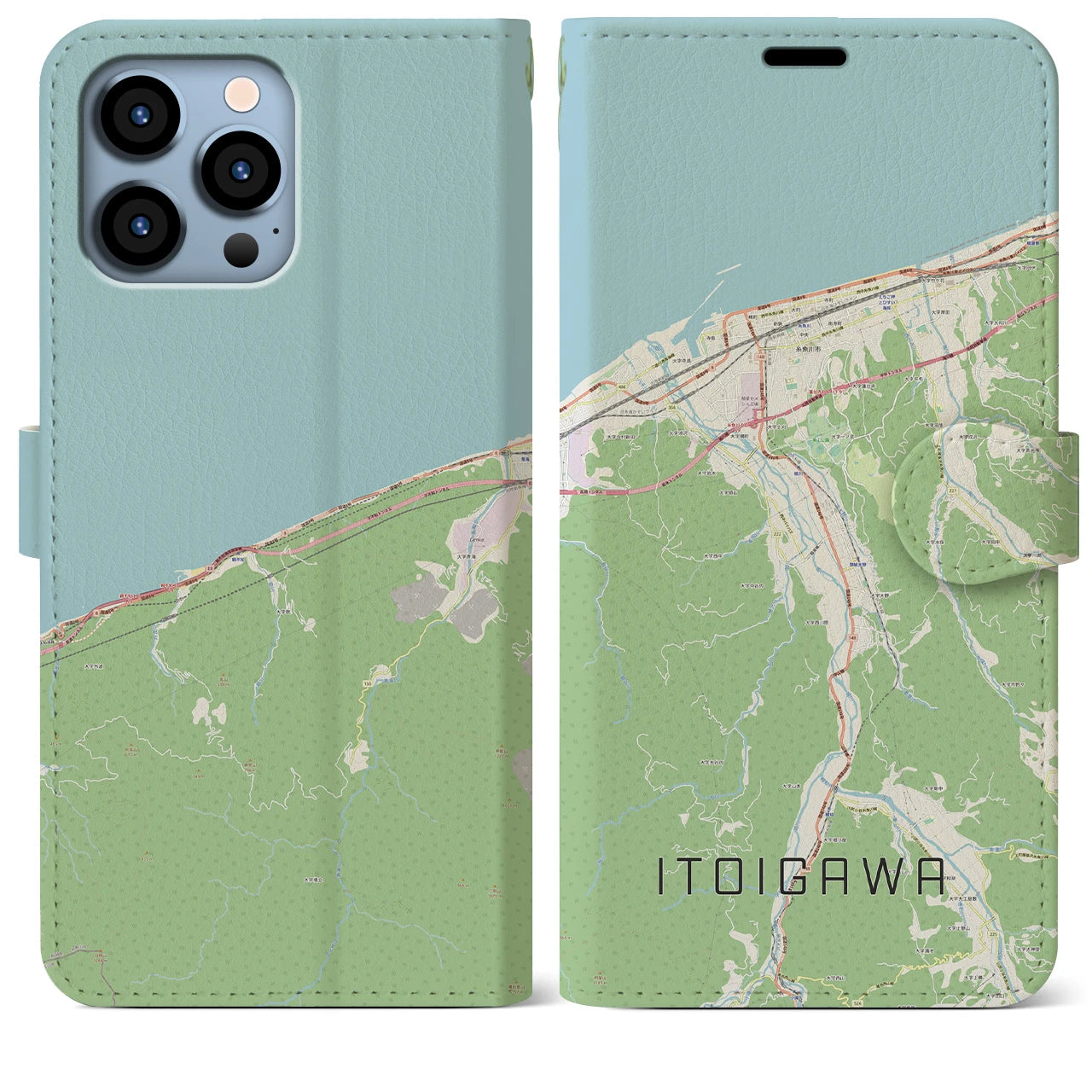 【糸魚川（新潟県）】地図柄iPhoneケース（手帳タイプ）ナチュラル・iPhone 13 Pro Max 用