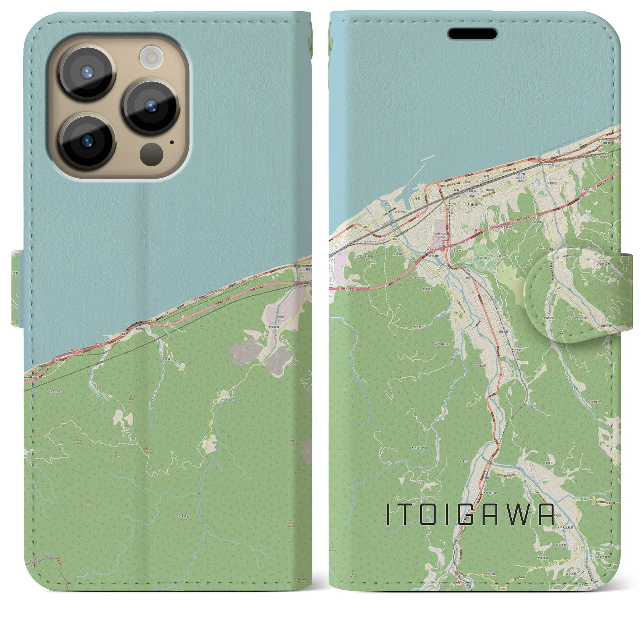 【糸魚川（新潟県）】地図柄iPhoneケース（手帳タイプ）ナチュラル・iPhone 14 Pro Max 用