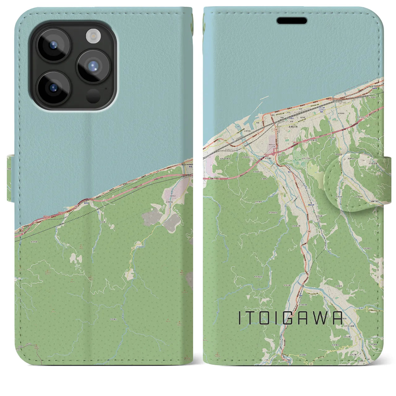 【糸魚川（新潟県）】地図柄iPhoneケース（手帳タイプ）ナチュラル・iPhone 15 Pro Max 用