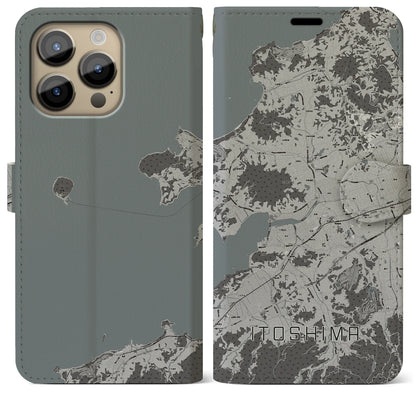 【糸島（福岡県）】地図柄iPhoneケース（手帳タイプ）モノトーン・iPhone 14 Pro Max 用