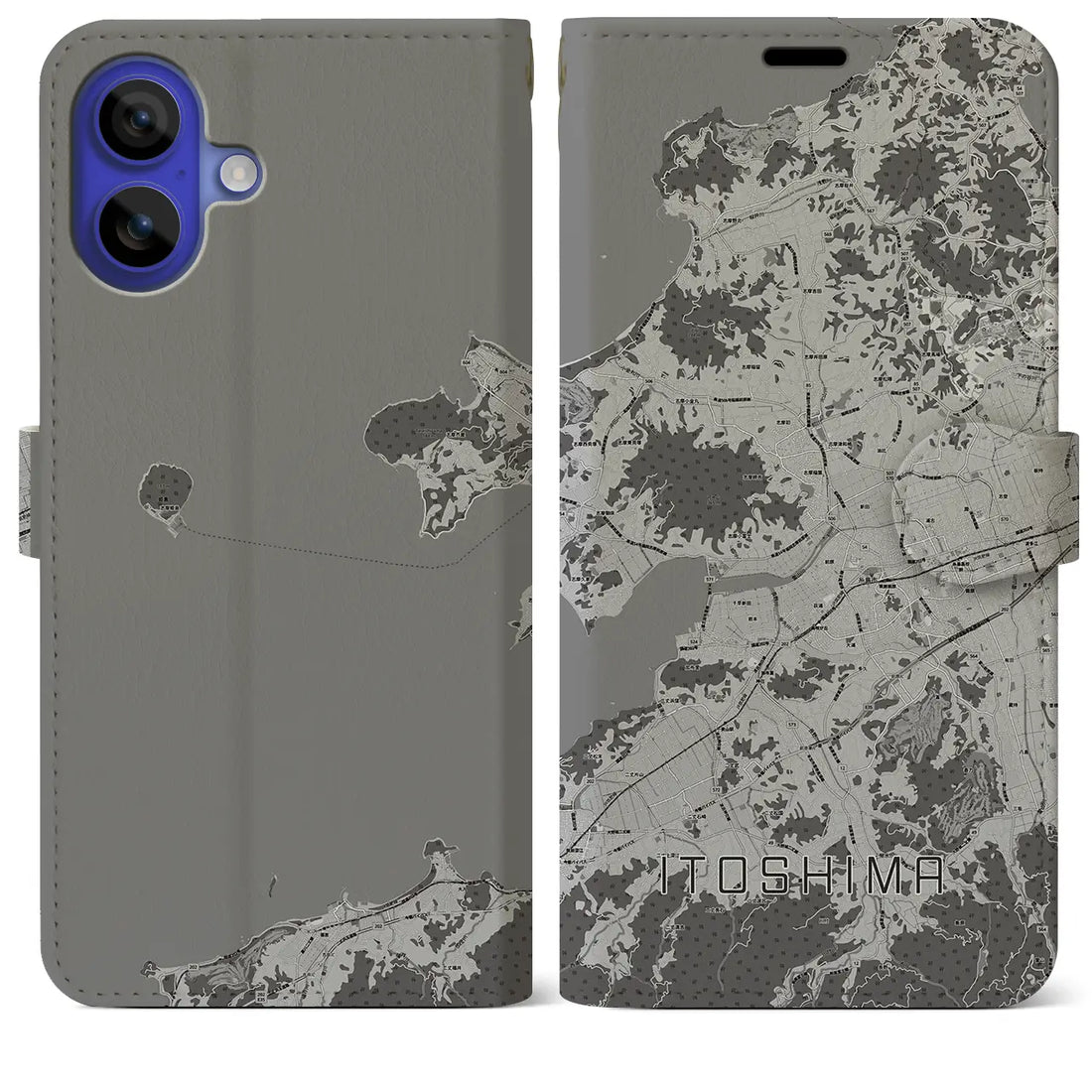 【糸島(福岡県)】地図柄iPhoneケース(手帳タイプ)モノトーン・iPhone 16 Pro Max 用