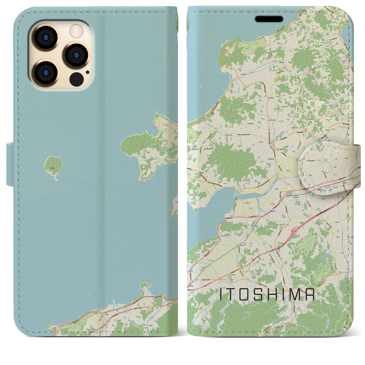 【糸島（福岡県）】地図柄iPhoneケース（手帳タイプ）ナチュラル・iPhone 12 Pro Max 用