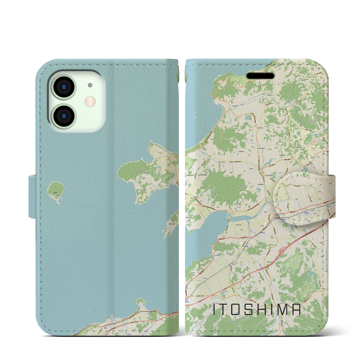 【糸島（福岡県）】地図柄iPhoneケース（手帳タイプ）ナチュラル・iPhone 12 mini 用