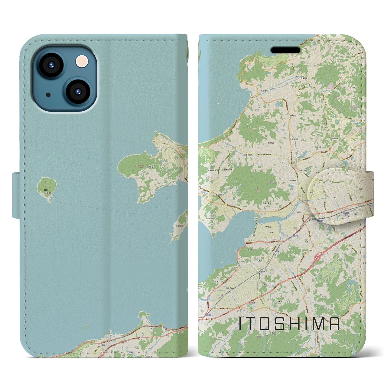 【糸島（福岡県）】地図柄iPhoneケース（手帳タイプ）ナチュラル・iPhone 13 用