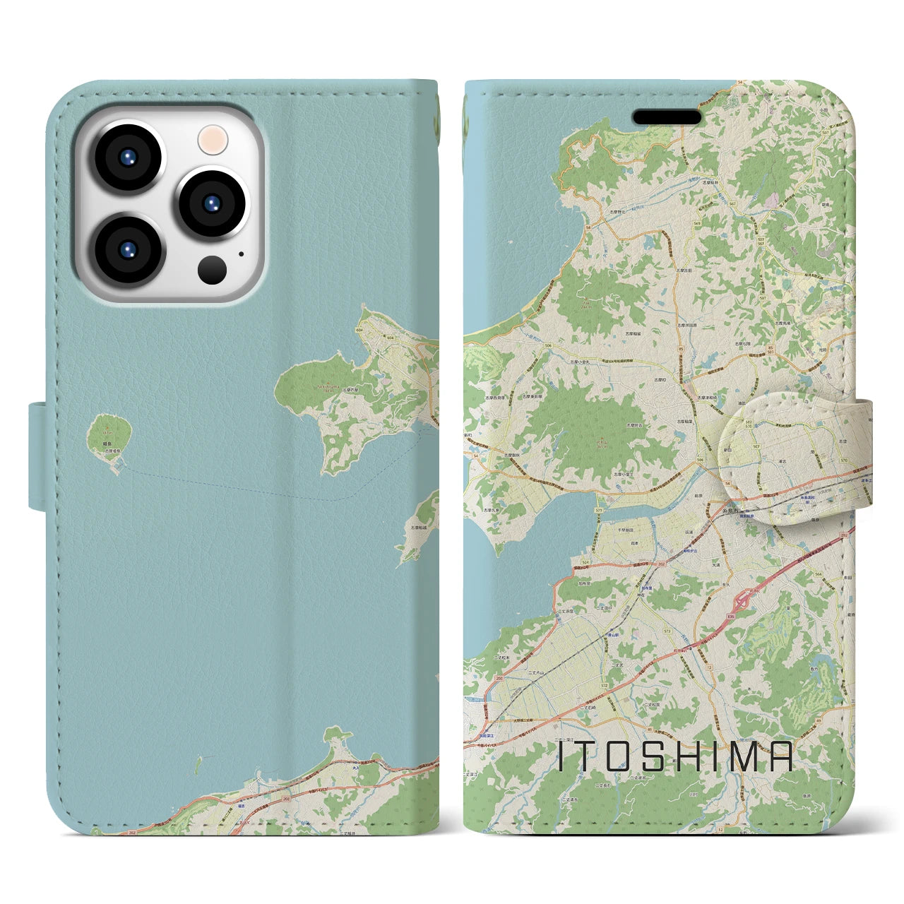 【糸島（福岡県）】地図柄iPhoneケース（手帳タイプ）ナチュラル・iPhone 13 Pro 用