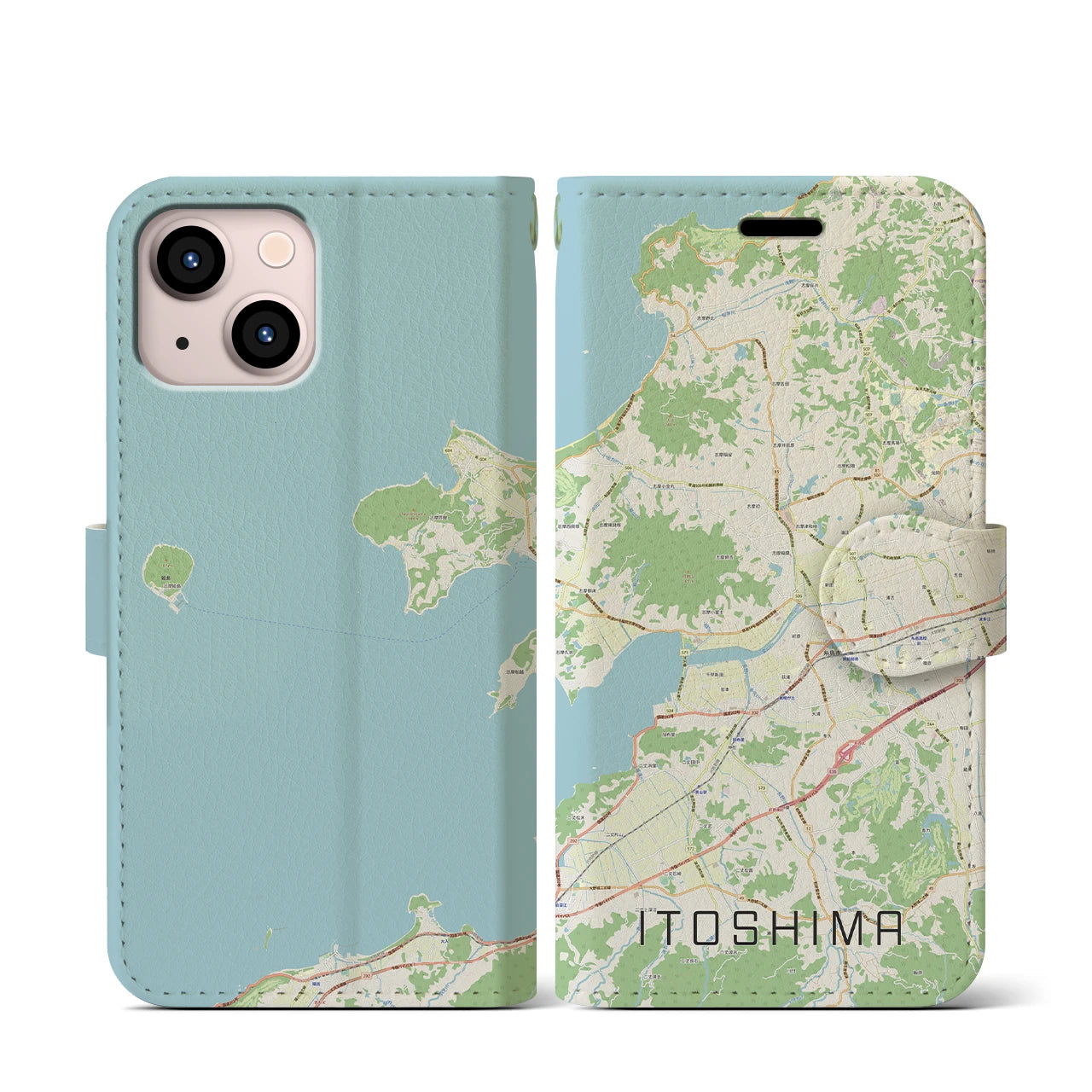 【糸島（福岡県）】地図柄iPhoneケース（手帳タイプ）ナチュラル・iPhone 13 mini 用