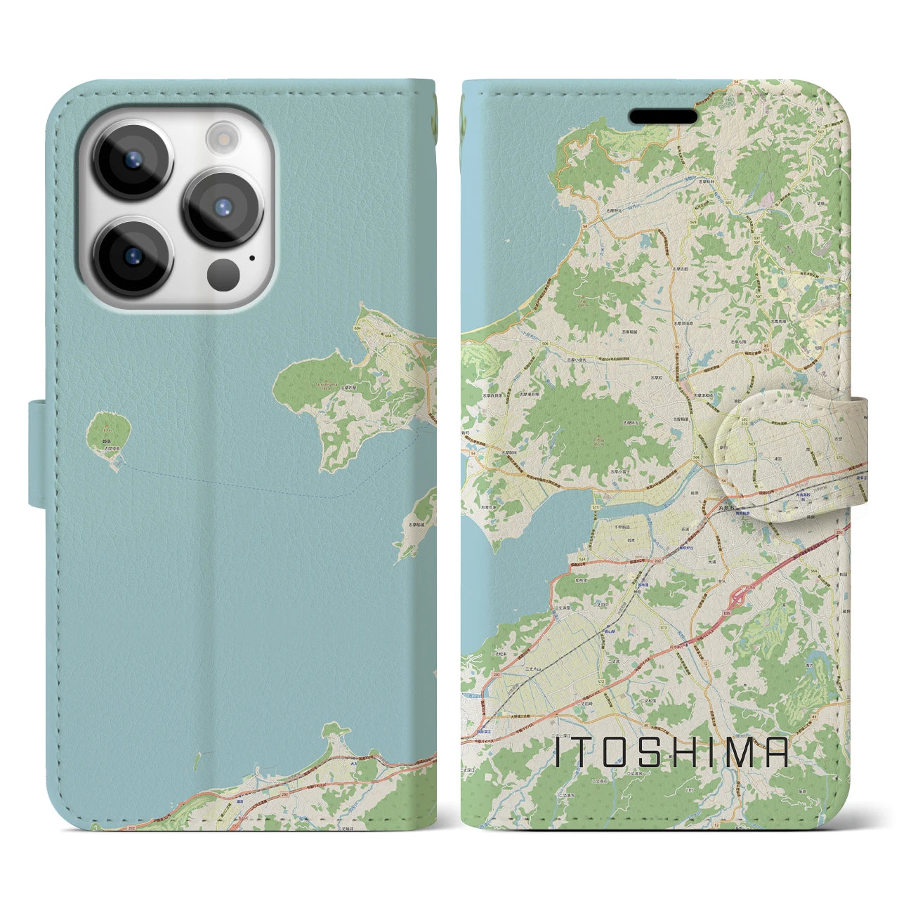 【糸島（福岡県）】地図柄iPhoneケース（手帳タイプ）ナチュラル・iPhone 14 Pro 用