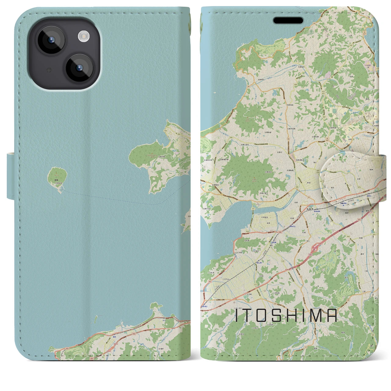 【糸島（福岡県）】地図柄iPhoneケース（手帳タイプ）ナチュラル・iPhone 14 Plus 用