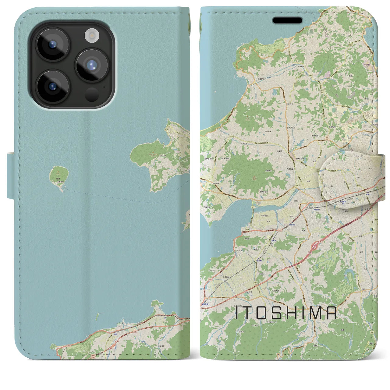 【糸島（福岡県）】地図柄iPhoneケース（手帳タイプ）ナチュラル・iPhone 15 Pro Max 用