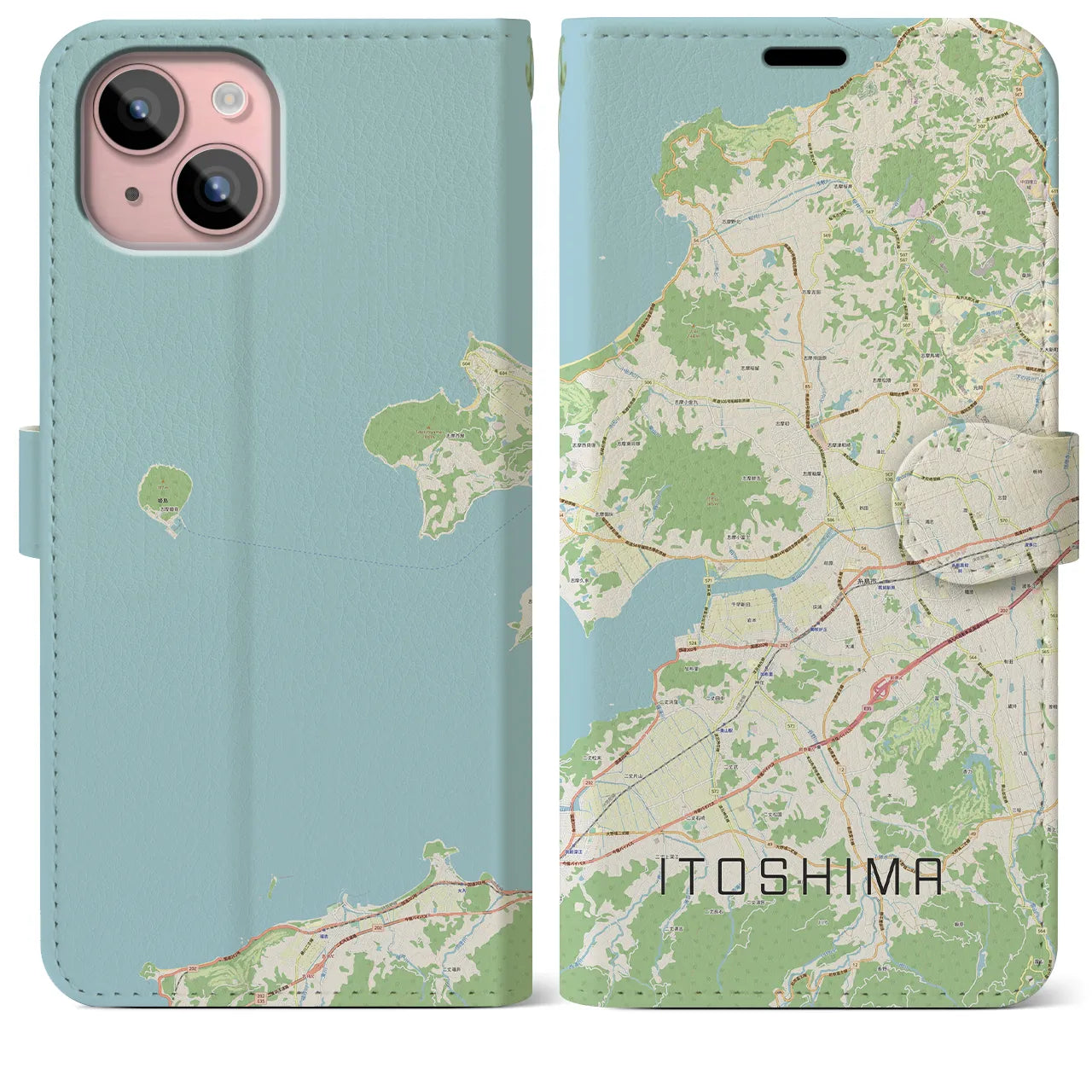 【糸島（福岡県）】地図柄iPhoneケース（手帳タイプ）ナチュラル・iPhone 15 Plus 用