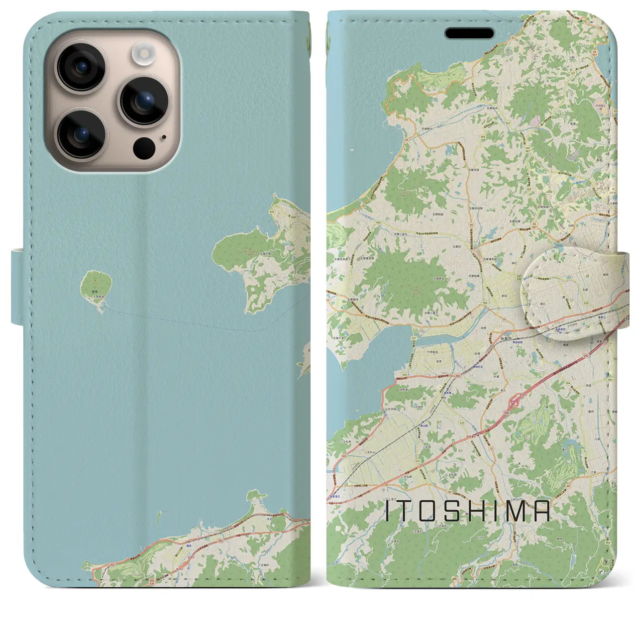 【糸島（福岡県）】地図柄iPhoneケース（手帳タイプ）ナチュラル・iPhone 16 Plus 用