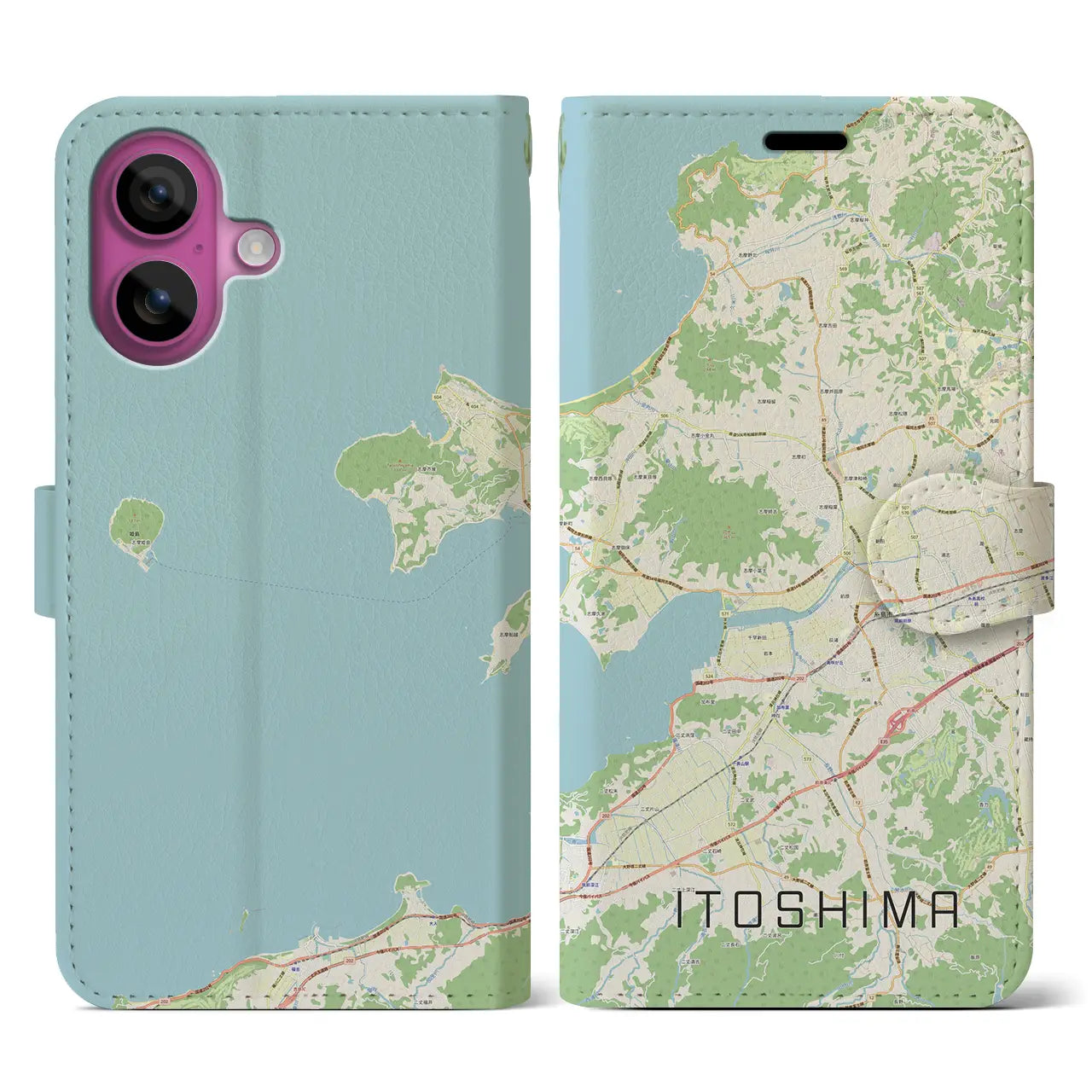 【糸島（福岡県）】地図柄iPhoneケース（手帳タイプ）ナチュラル・iPhone 16 Pro 用