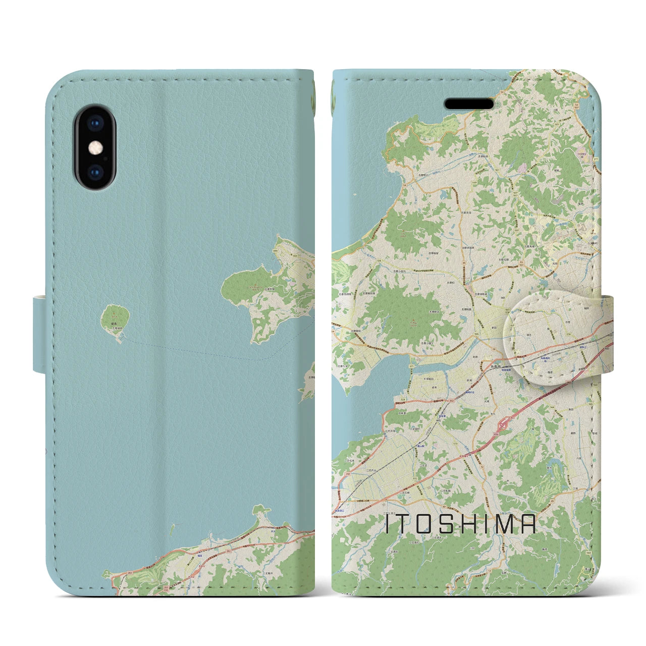 【糸島（福岡県）】地図柄iPhoneケース（手帳タイプ）ナチュラル・iPhone XS / X 用