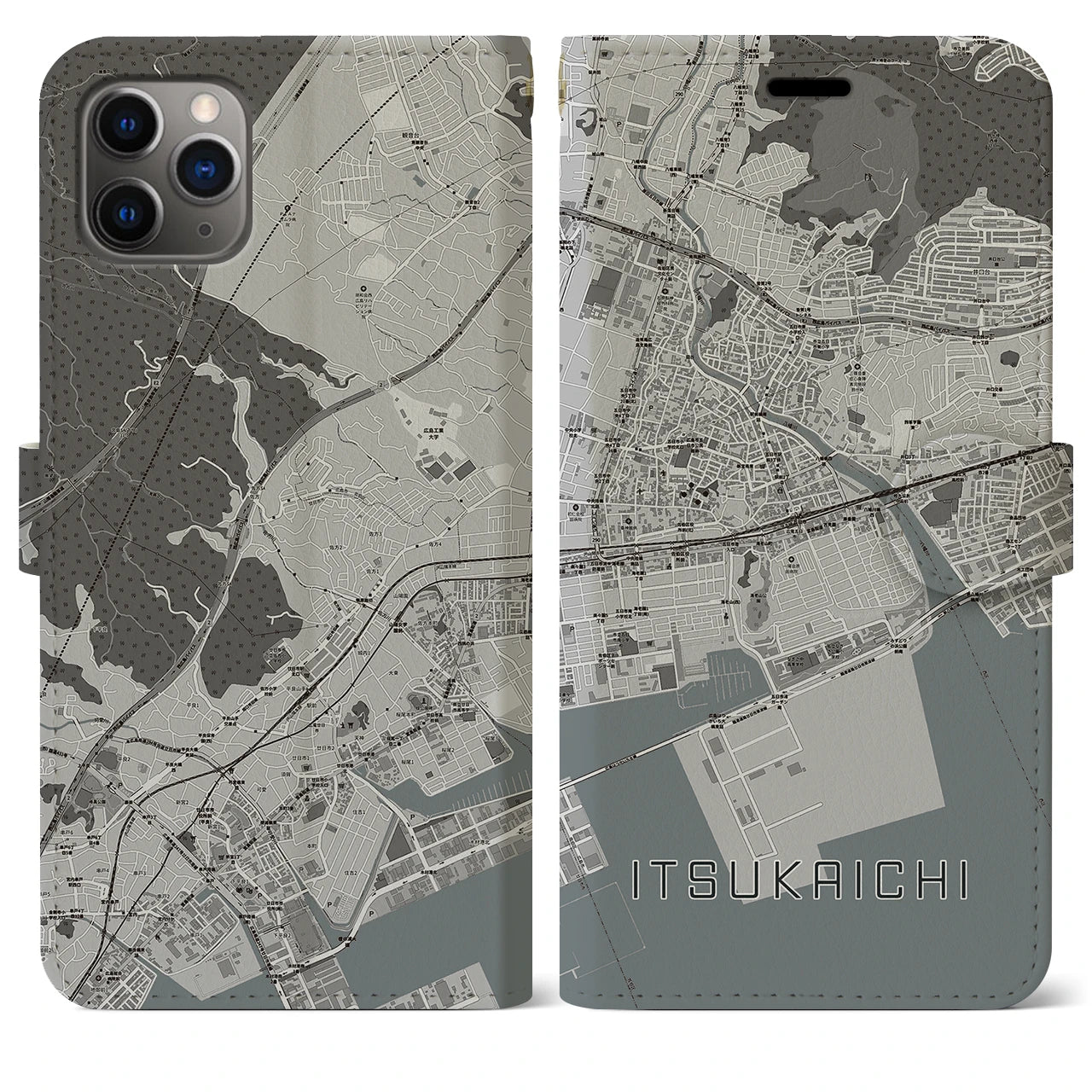 【五日市（広島県）】地図柄iPhoneケース（手帳両面タイプ・モノトーン）iPhone 11 Pro Max 用