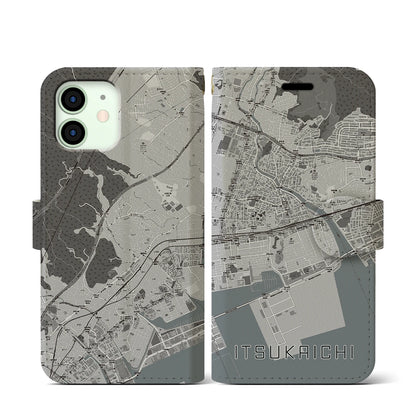 【五日市（広島県）】地図柄iPhoneケース（手帳タイプ）モノトーン・iPhone 12 mini 用