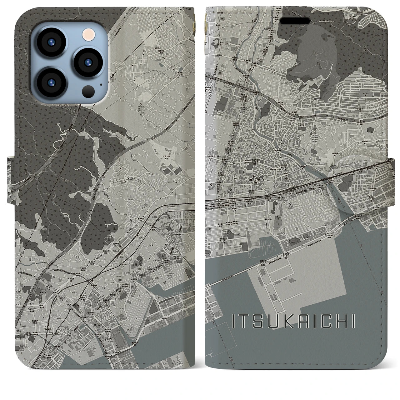 【五日市（広島県）】地図柄iPhoneケース（手帳両面タイプ・モノトーン）iPhone 13 Pro Max 用